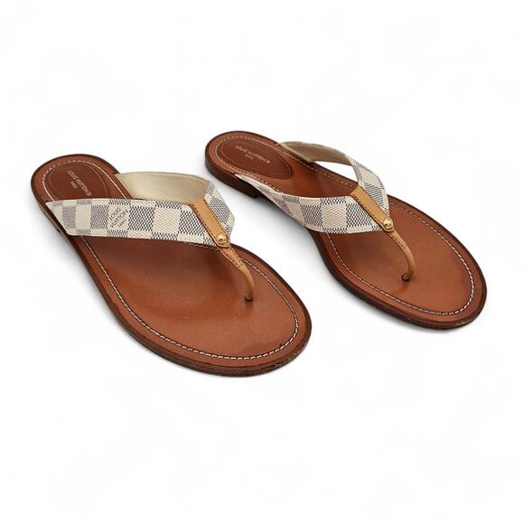 Louis Vuitton Damier Azur Sunny Flat Thong Sandal White Brown Size 41 US 11 - Picture 1 of 11
